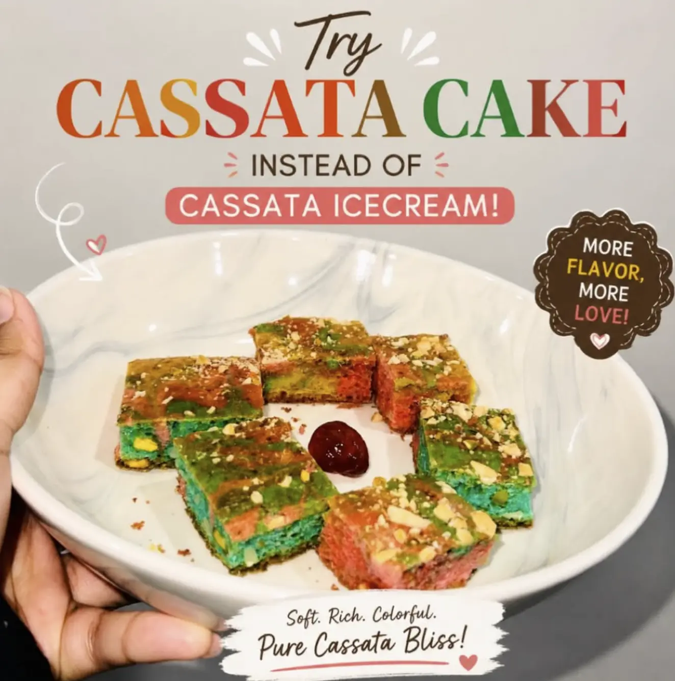 Colourful cassata cake slices served in a bowl by Kaur Bakehouse